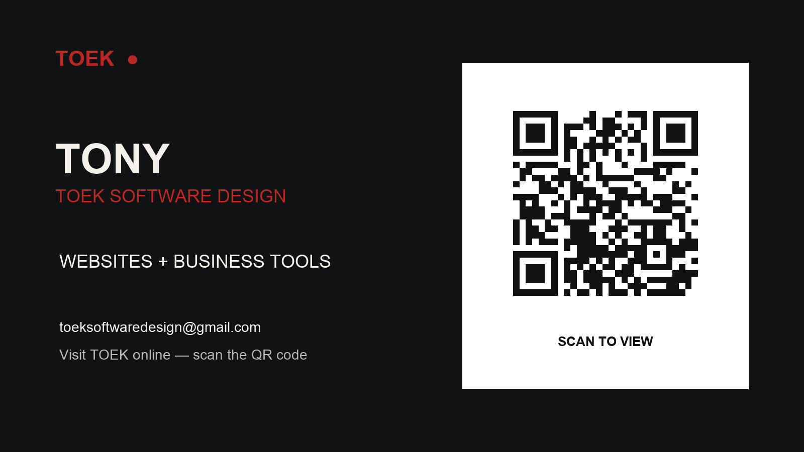 TOEK Software Design business card with website QR code